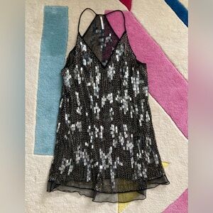 Free People Black Silver Embellished Paillette Beaded Sleeveless Mini Dress XS